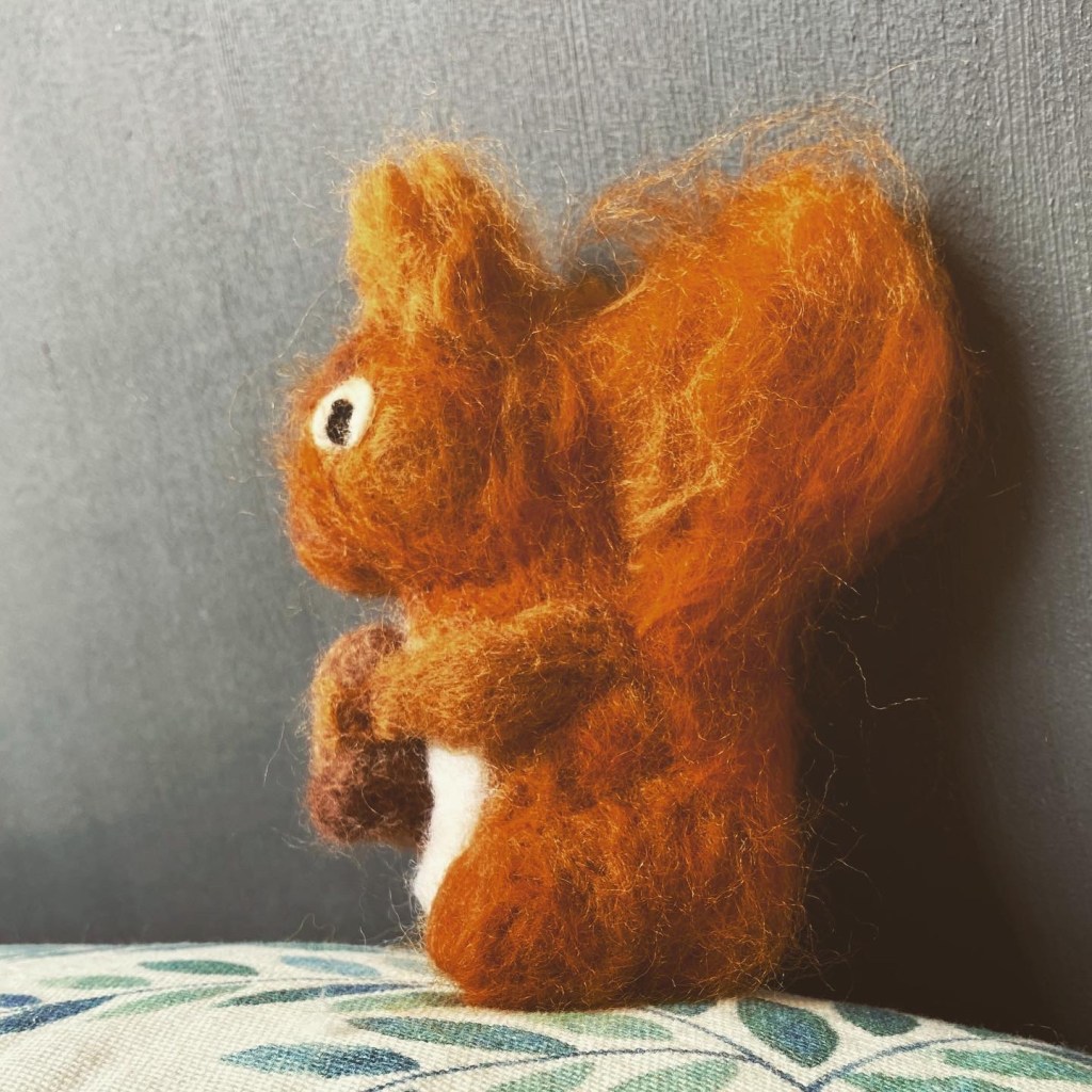 This sneaky squirrel, created using the dry felting technique, was caught dashing about the house with his acorn! English wildlife can sometimes turn up where you least want it!